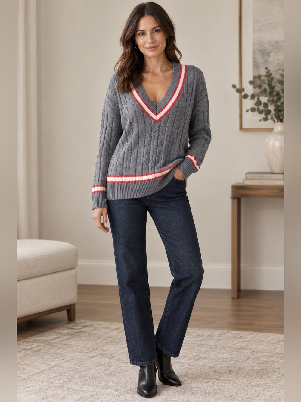 American Eagle Studio Gray Cable Knit Sweater with Red Accents
